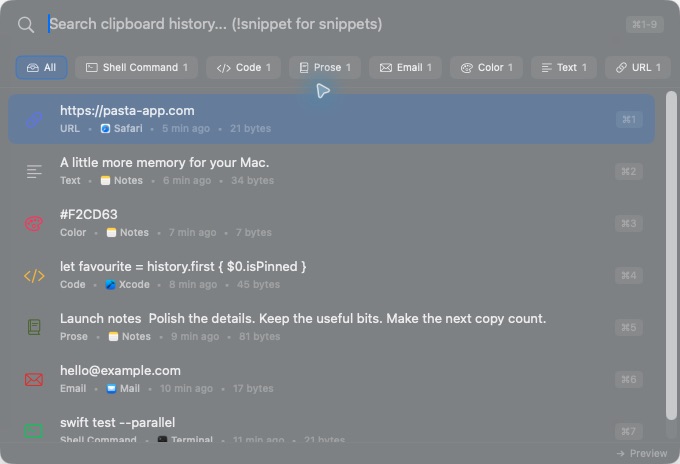Real Pasta Quick Search with sample links, notes, colour and code, content filters and numbered paste shortcuts
