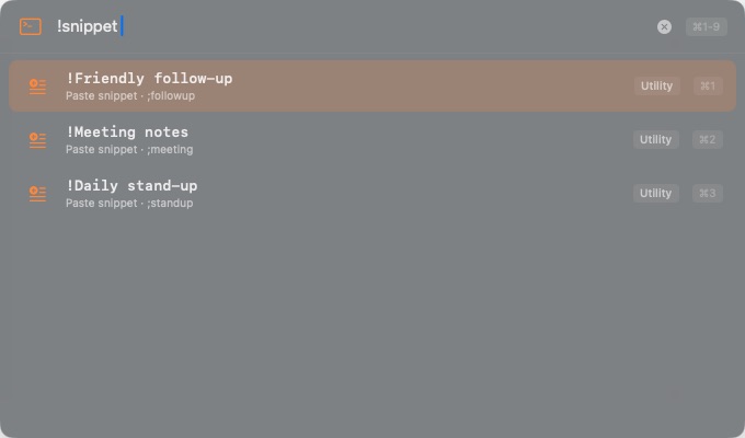 Real Pasta snippet picker with reusable follow-up, meeting notes and stand-up templates